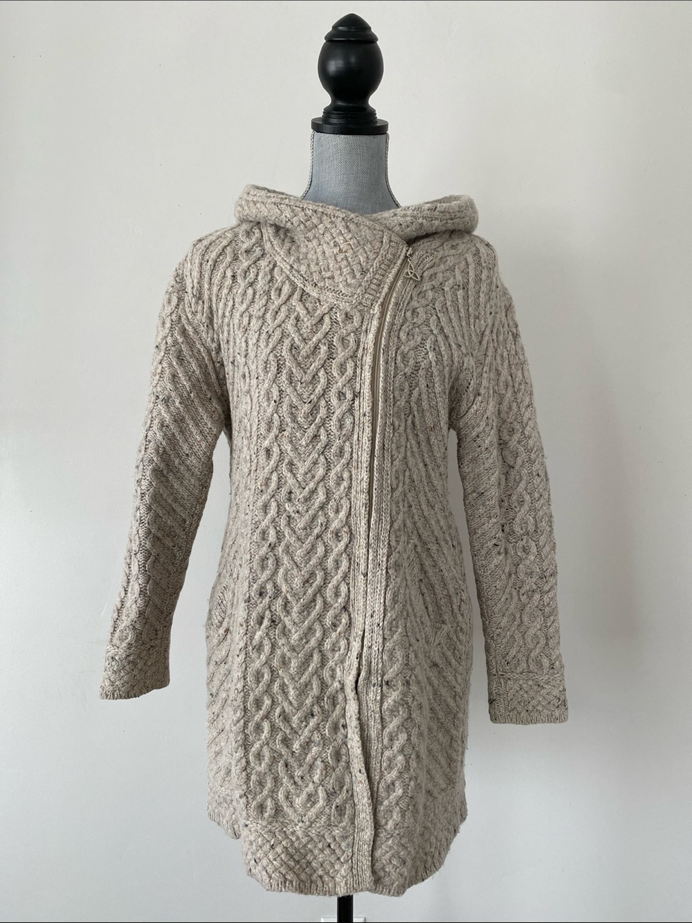 Aran Crafts Merino Wool Cable Chunky Knit Hooded Cardigan XL Fisherman Granola